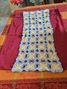 Handmade Crochet Table Runner in Light Blue and Cream With 3 Matching Doilies.